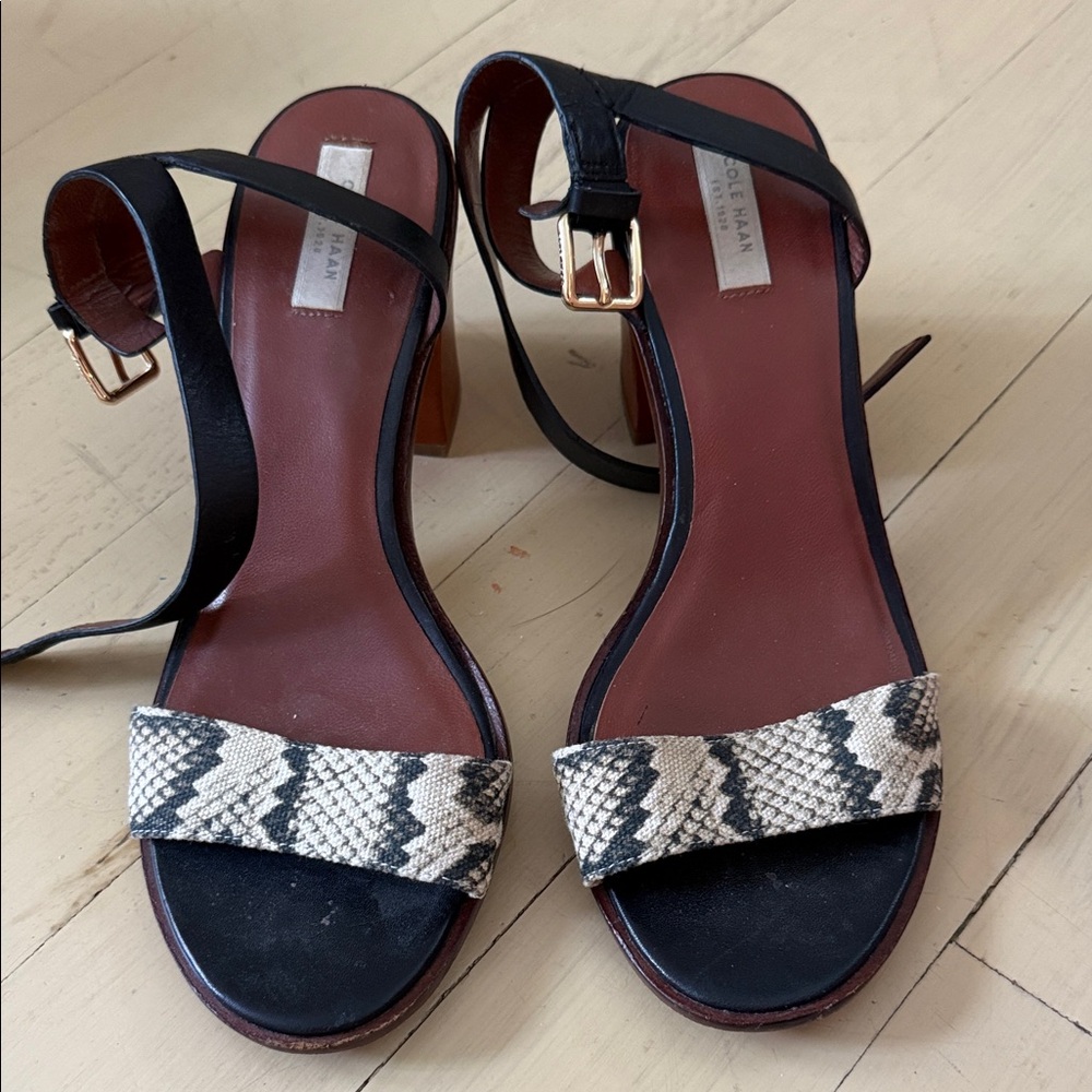 Cole Haan Black Sandal with Snake-Print Front Strap